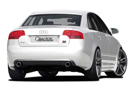 Sezónní Sleva CARACTERE spoiler pod originální zadní nárazník pro Audi A4 (8E) r.v. od 2005, varianta s jedním výřezem pro originální koncovku výfuku na levé straně